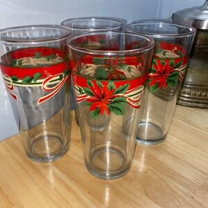 VTG set of four 20 oz holiday poinsettia ribbon glasses